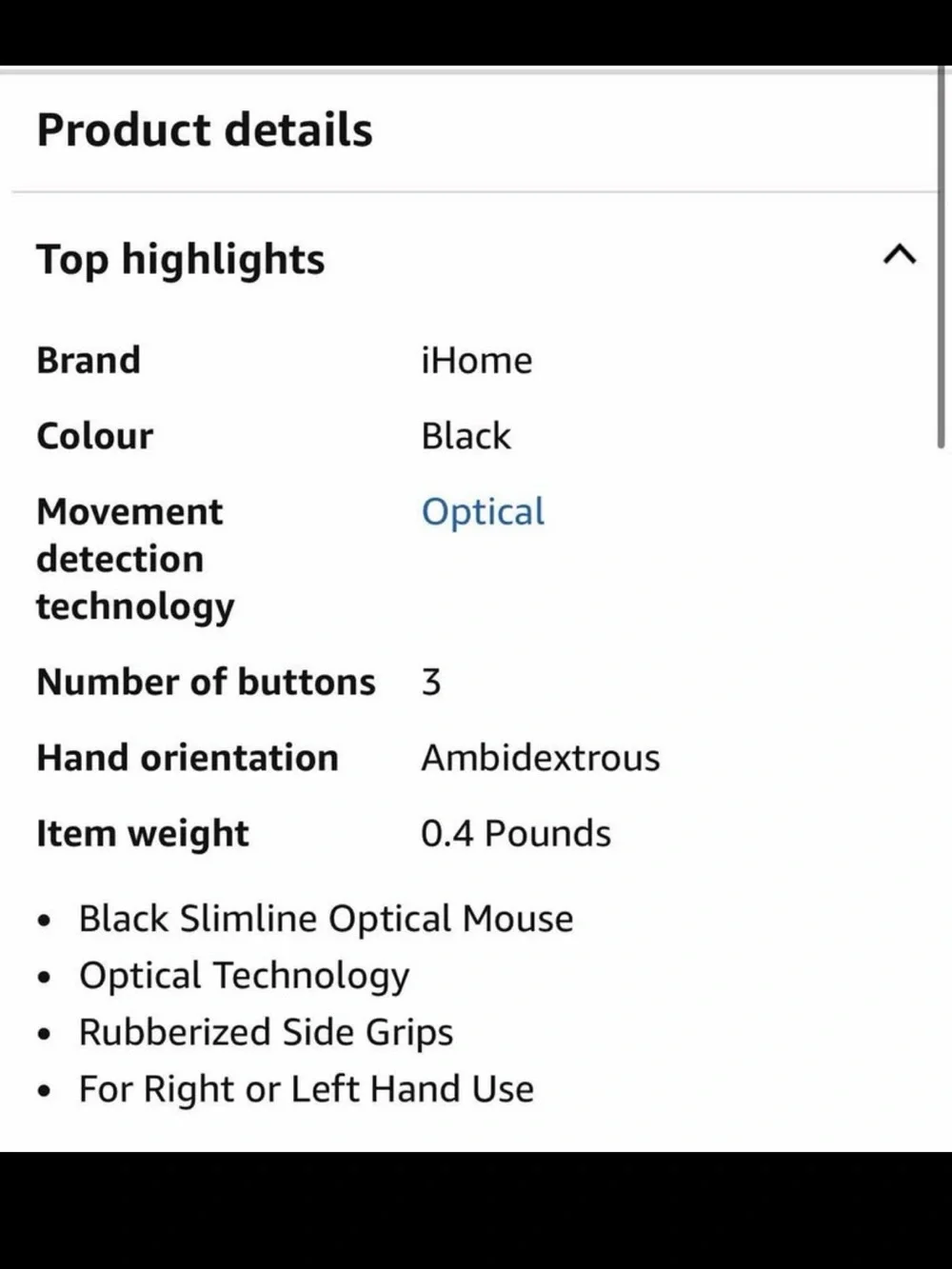 iHome Black and White Slim Wired Optical Mouse